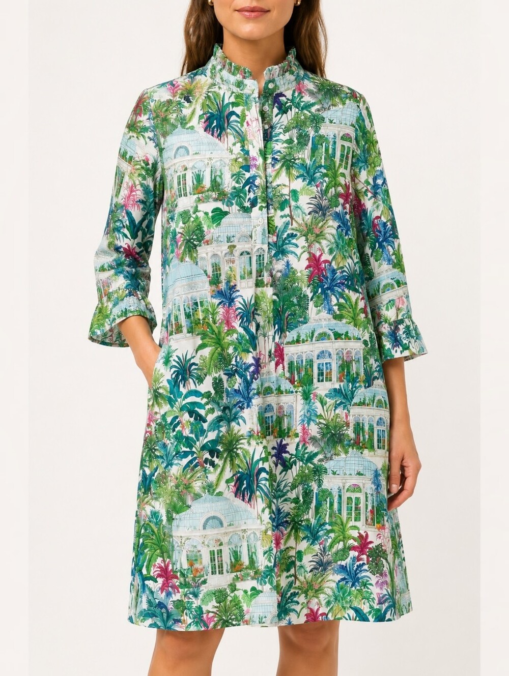 Vilagallo Gara Botanical Greenhouse Print Cotton Shift Dress Resort Coastal 38